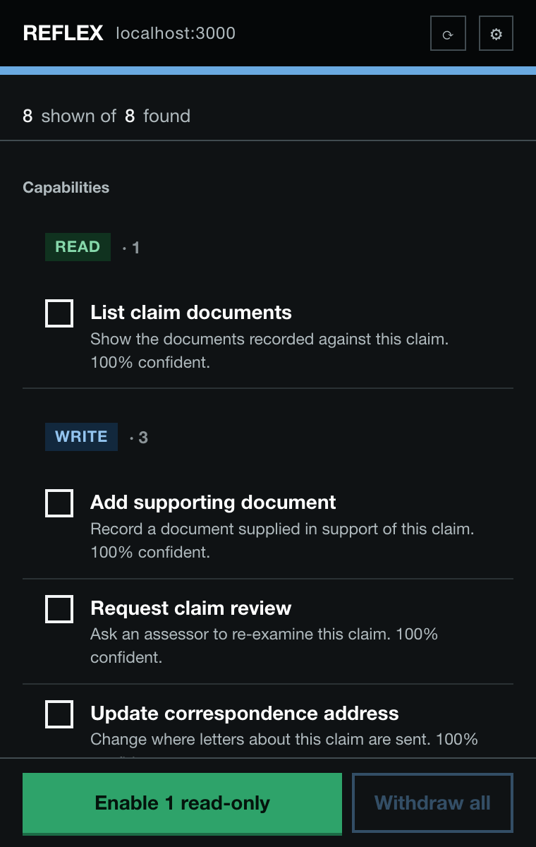 The Reflex panel in dark mode, capabilities described in plain language
