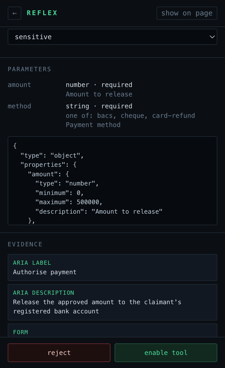 The Reflex inspector showing a generated tool with its schema and the evidence behind it