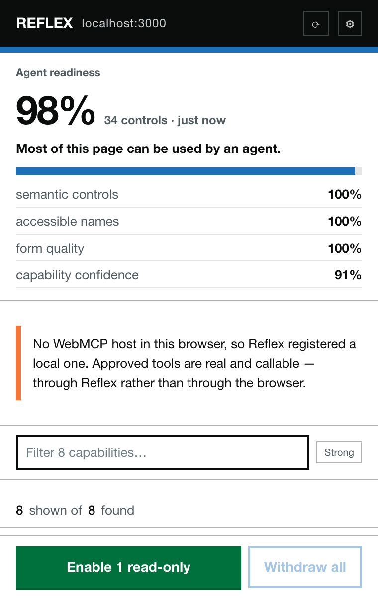 The Reflex panel showing 98% agent readiness and eight discovered capabilities grouped by risk