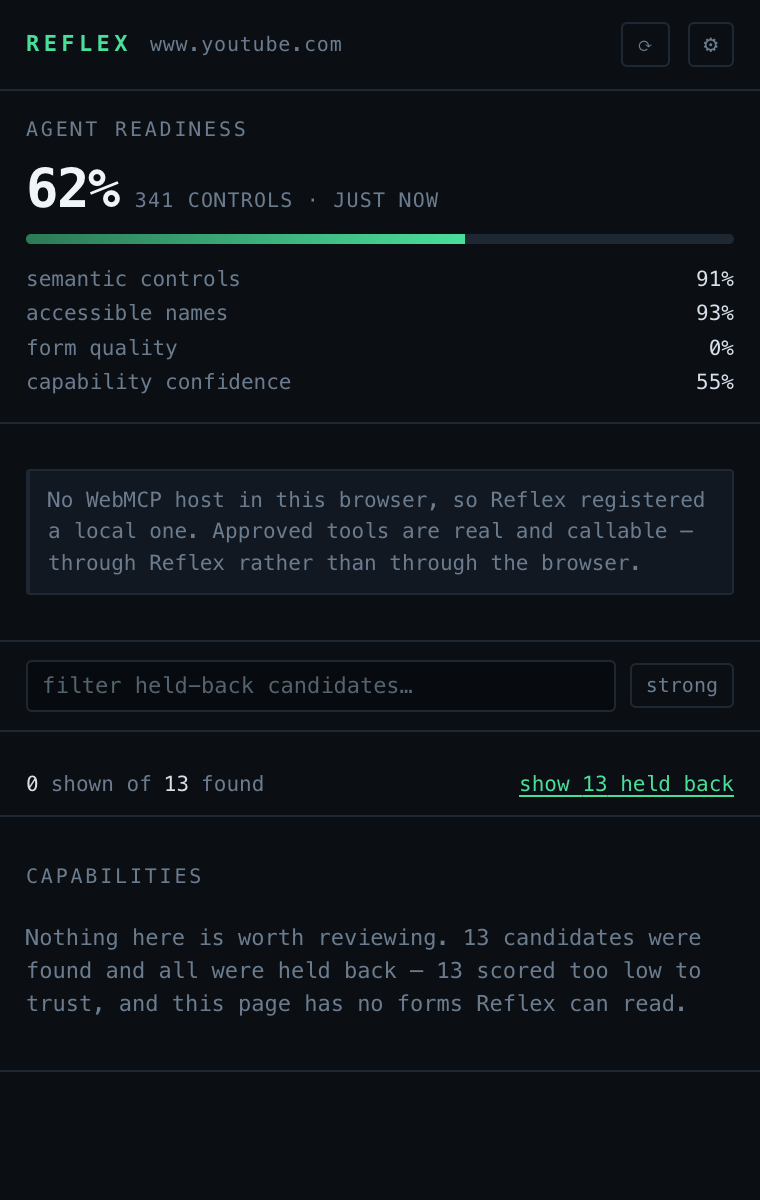 Reflex reporting zero of thirteen candidates worth reviewing, and explaining why