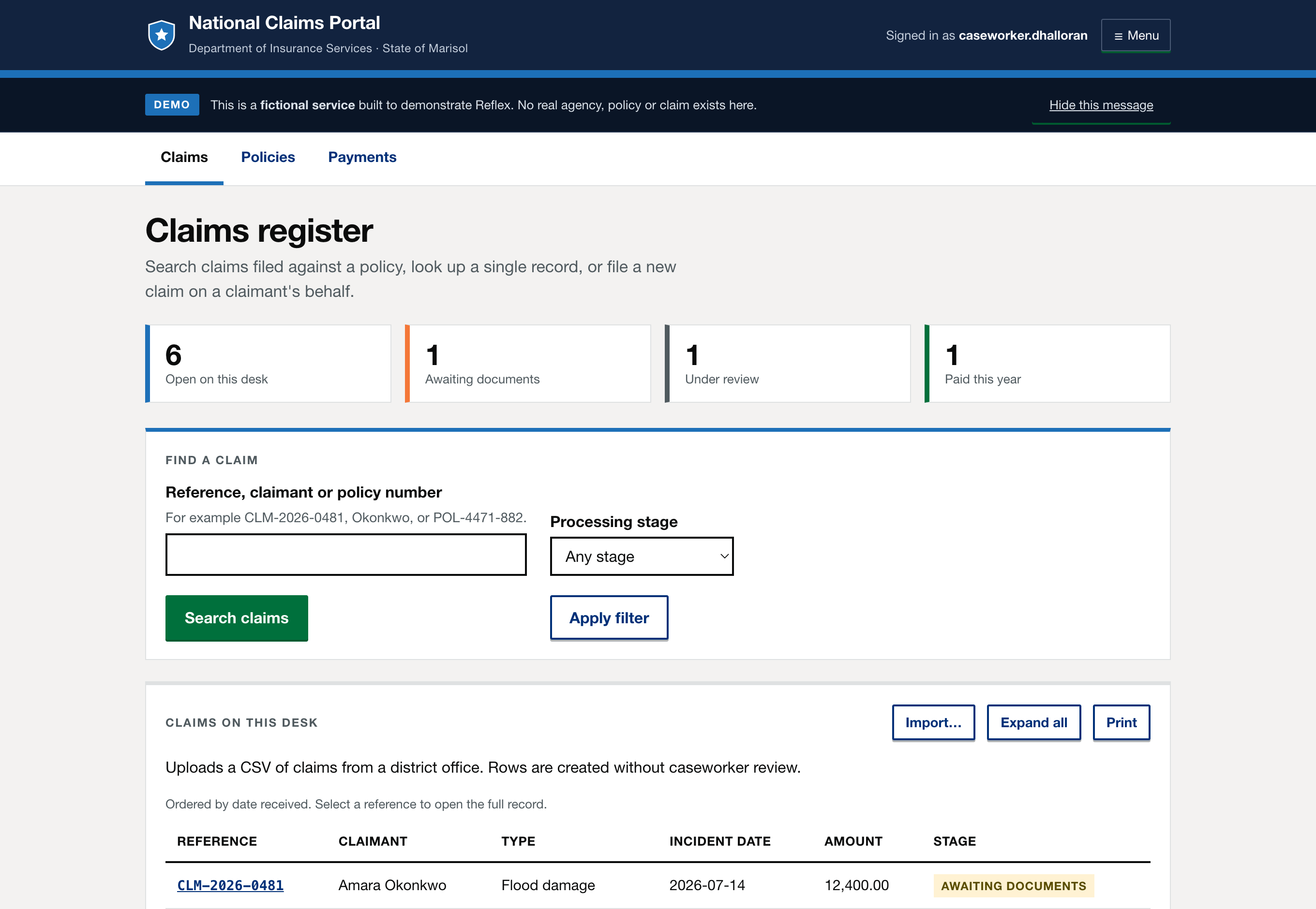 The National Claims Portal demo service: a fictional government insurance service